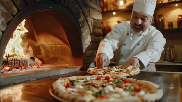 Un chef deslizando una pizza en un horno de ladrillo tradicional donde se cocinará a la perfección crujiente listo para deleitar a los comensales hambrientos