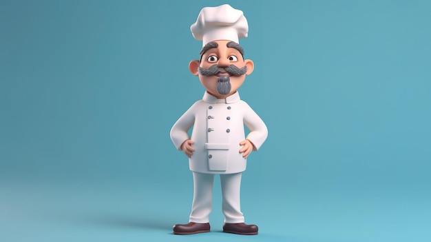 Un chef de dibujos animados con bigote se para frente a un fondo azul.