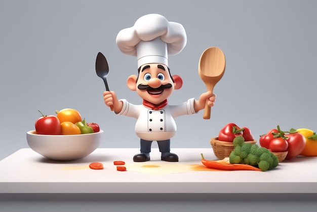 Foto chef de dibujos animados de personaje 3d sobre fondo de papel blanco fondo isloteado de cuerpo completo