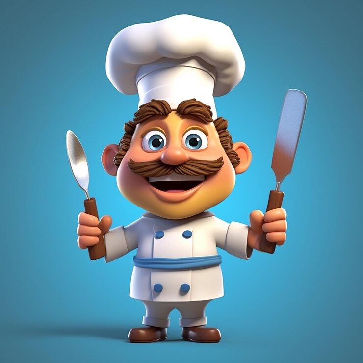 Un chef de dibujos animados sosteniendo una cuchara y un tenedor en sus manos.
