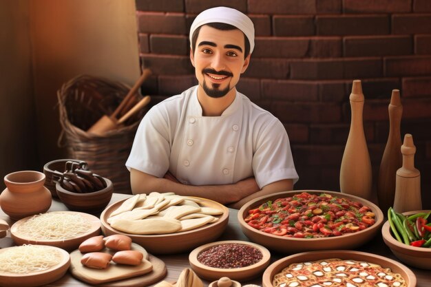 Chef do Oriente Médio de pé com comida tradicional