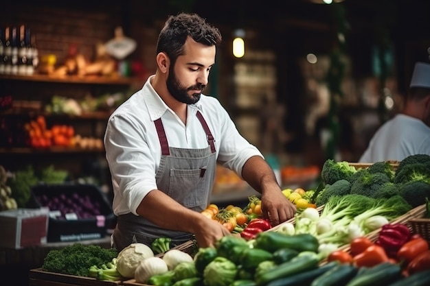 Chef eligiendo verduras frescas en el mercado Productos orgánicos para cocinar en el restaurante Ai generativo