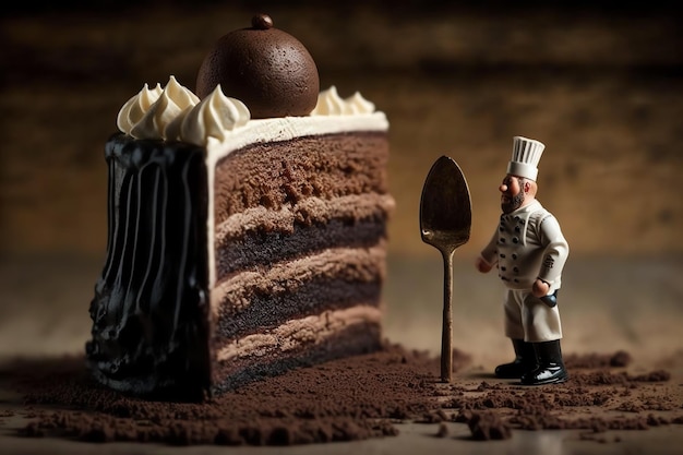 Chef em miniatura envolve o delicioso bolo de chocolatejpg ilustração de arte digital