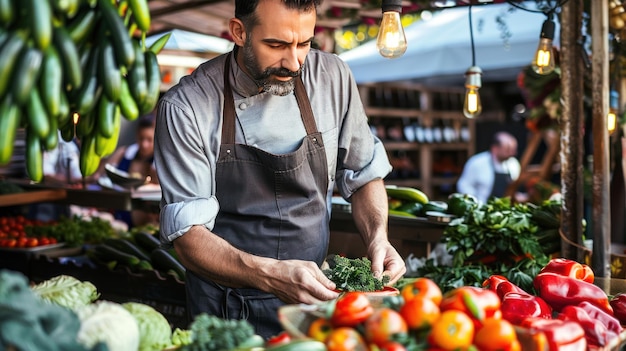 Un chef encantador exuda orgullo en medio de un mercado bullicioso