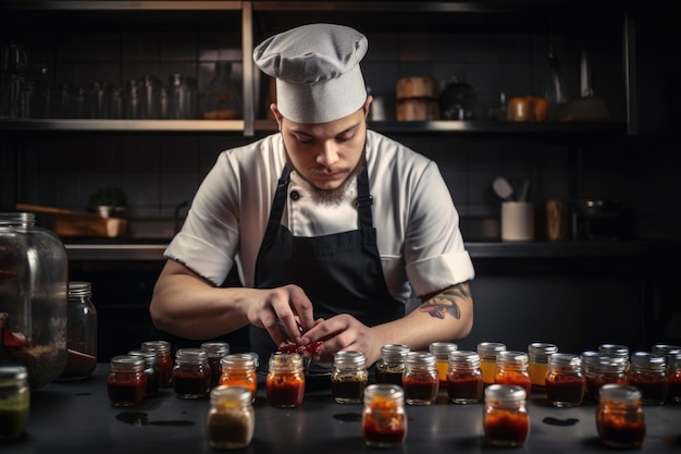 Chef enfocado y decidido probando nuevas recetas probando salsas