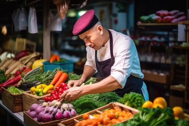 Chef escolhendo legumes frescos no mercado de alimentos Generative AI