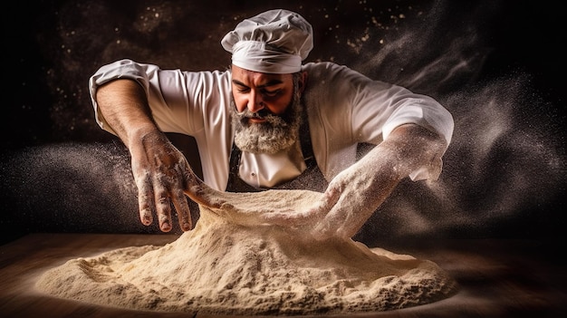 Chef espalhando farinha enquanto amassa a massa