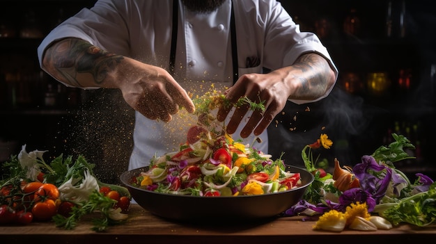 Un chef esparce delicadamente verduras de colores sobre una ensalada fresca