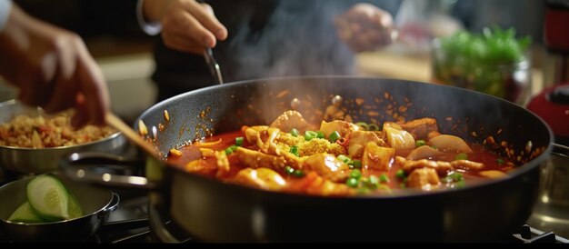 El chef está cocinando Kimchi Jjigae en casa.