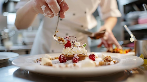 un chef está cortando un postre con un cuchillo y un postre en él