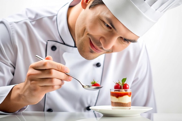 El chef está decorando un delicioso postre.