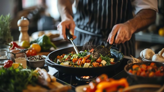 Un chef está ocupado cocinando está usando verduras y hierbas frescas está mezclando la comida en una sartén la comida es colorida y se ve deliciosa