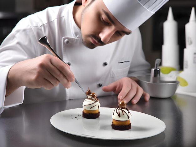 Un chef está poniendo una cuchara en un postre.