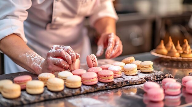 Un chef está preparando cuidadosamente deliciosos y coloridos macarrones en una cocina comercial
