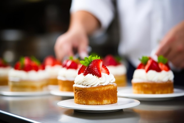 El chef está preparando pasteles de queso de fresa.