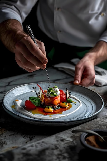 un chef está preparando un plato en un plato