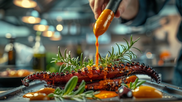 El chef está preparando pulpo a la parrilla con hierbas y hierba, aceitunas y romero en la cocina.