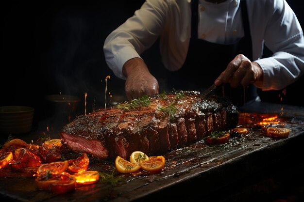 Chef está preparando um prato de bife grelhado gerado por IA