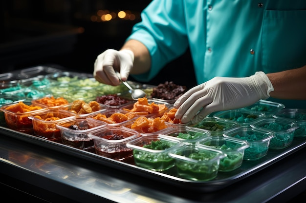 El chef está preparando una variedad de ensaladas coloridas en contenedores de plástico