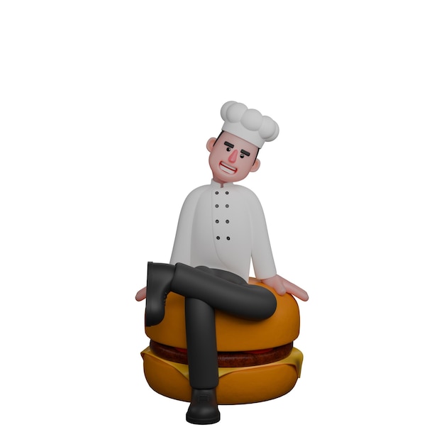 Un chef está sentado cómodamente en la parte superior de una hamburguesa gigante mientras sonríe Chef 3D