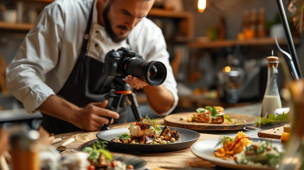 Un chef está tomando una foto de un plato de comida El chef lleva un abrigo de chef blanco y un delantal negro El plato de alimentos está en una mesa de madera