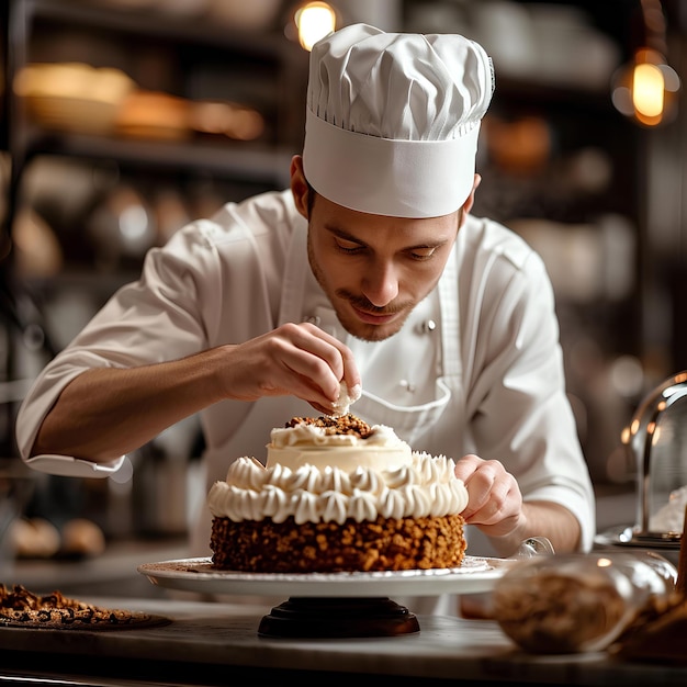 Un chef está trabajando en un pastel.