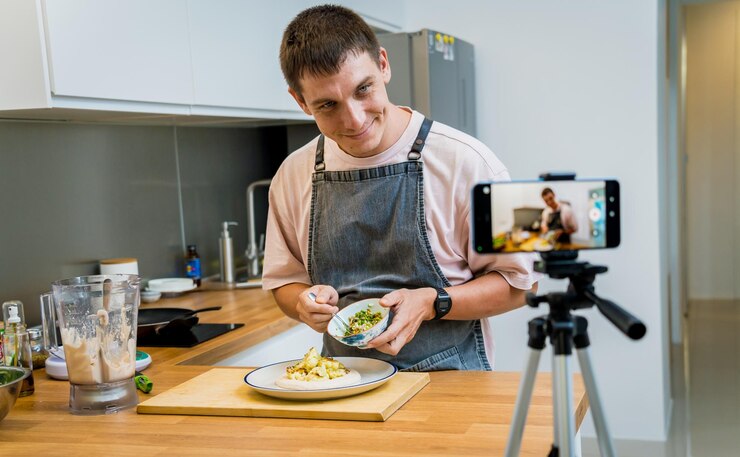 Foto el chef está transmitiendo en vivo desde el taller cómo preparar una avena de frijoles con coliflor