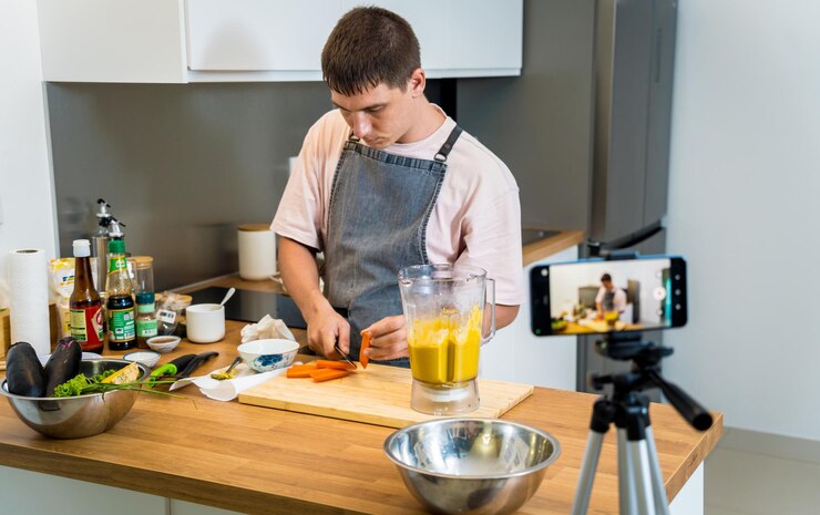 Foto el chef está transmitiendo en vivo desde el taller cómo preparar una avena de garra vegetariana