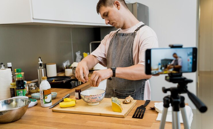 Foto el chef está transmitiendo en vivo desde el taller cómo preparar una comida vegetariana
