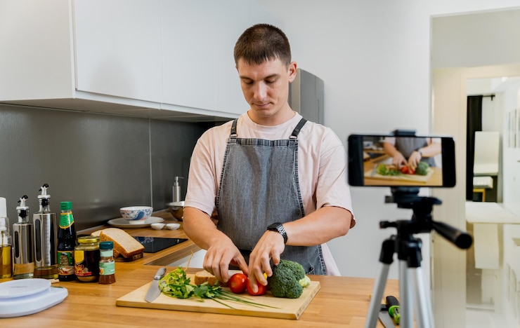 Foto el chef está transmitiendo en vivo desde el taller cómo preparar una comida vegetariana