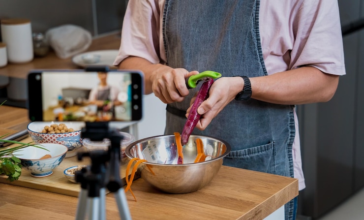 Foto el chef está transmitiendo en vivo desde el taller cómo preparar un curry massaman vegetariano