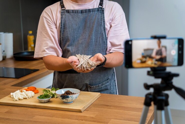 Foto el chef está transmitiendo en vivo desde el taller cómo preparar una pasta de trigo sarraceno con lentejas