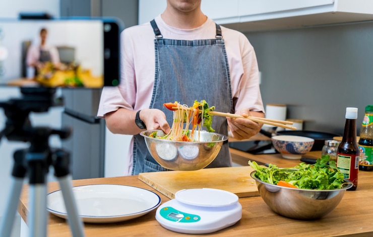 Foto el chef está transmitiendo en vivo desde el taller cómo preparar una salada de fideos de vidrio picante
