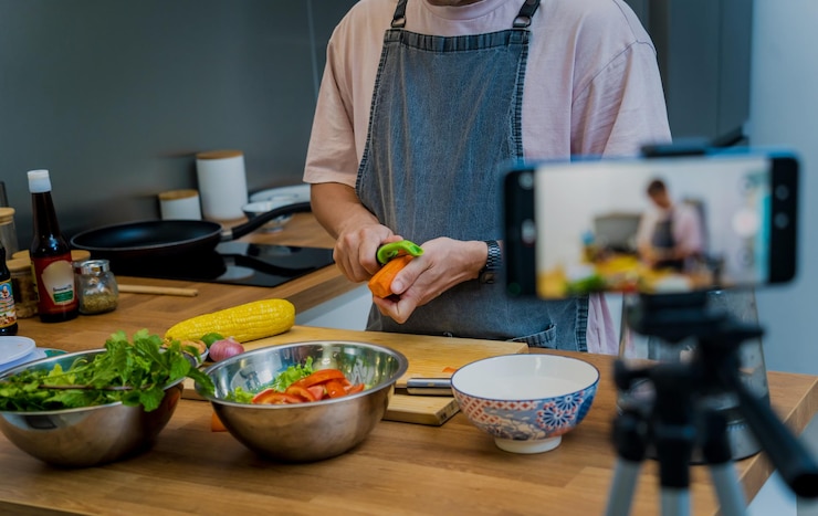 Foto el chef está transmitiendo en vivo desde el taller cómo preparar una salada de fideos de vidrio picante