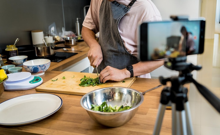 Foto el chef está transmitiendo en vivo desde el taller cómo preparar una sopa vegetariana de lentejas
