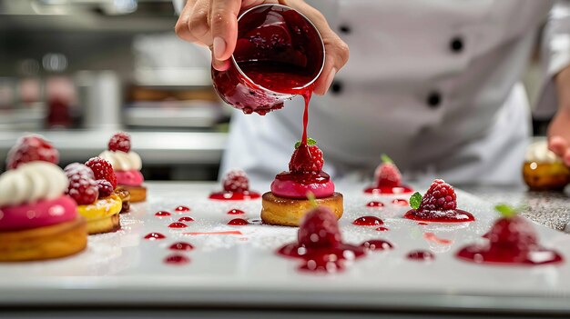 Un chef está vertiendo una salsa roja sobre un postre el postre está hecho de una cáscara de pastel una capa de crema y una capa de frambuesas