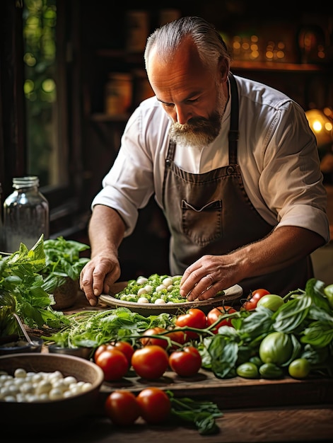 Chef con experiencia preparando un plato de comida saludable lleno de verduras en un restaurante rústico