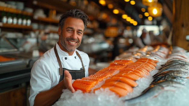 Chef experiente com mercado de peixes de truta manchada grande conceito de frutos do mar gourmet gastronomia