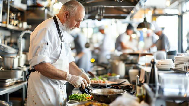 Foto un chef experimentado en una cocina profesional está ocupado preparando una deliciosa comida