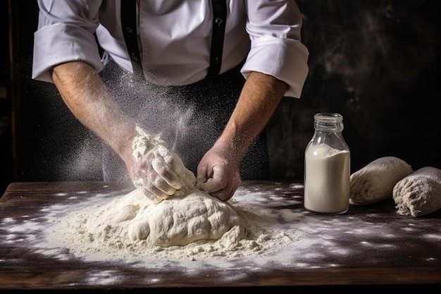 un chef experimentado en una cocina profesional prepara la masa con harina para hacer el bio italiano