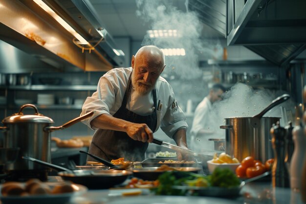 Chef experimentado cocinando en una cocina profesional con IA generada