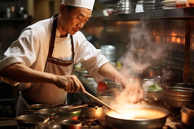 Un chef experto en una cocina profesional cocinando atentamente con fuego en una sartén