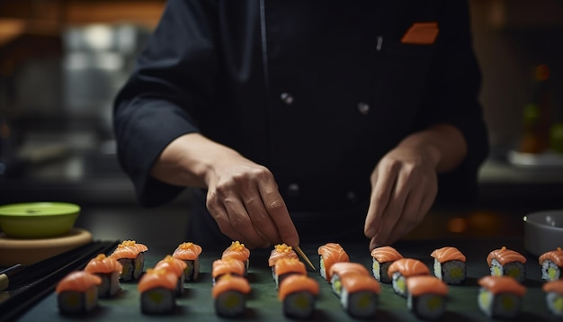 Un chef experto prepara pescados y mariscos frescos para una comida gourmet generada por IA