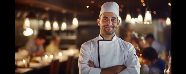 Un chef experto trabaja en una cocina de un restaurante con bokeh en el fondo