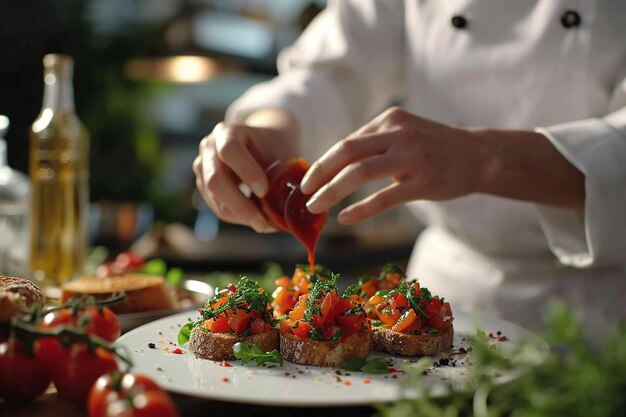 El chef exprimiendo la salsa en la bruschetta