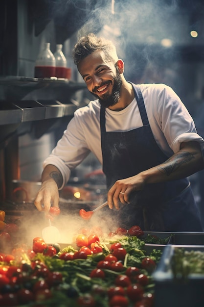 Foto chef famoso trabalha na cozinha de um grande restaurante