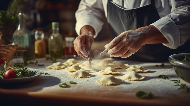 Chef fazendo pasta de ravioli vegetariana fresca na mesa da cozinha com farinha Macro