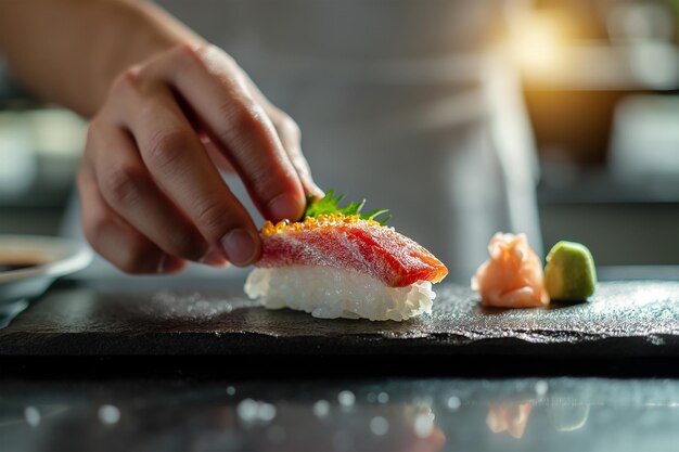 Foto chef fazendo sushi de atum à mão com acompanhamentos de comida japonesa omakase closeup