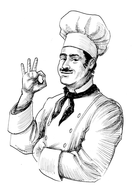 chef feliz mostrando sinal de ok. Desenho de tinta preto e branco