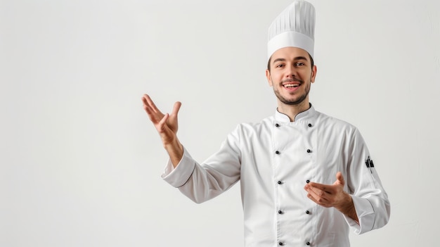 Un chef feliz y profesional que presenta algo sobre un fondo blanco